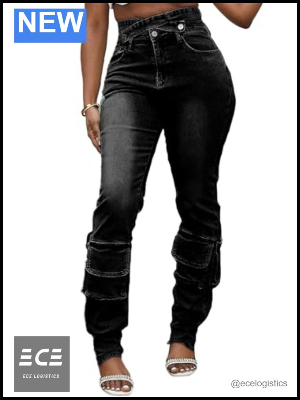 High Waisted Stretchy Denim Cargo Jeans Butt Lifting Wide Leg